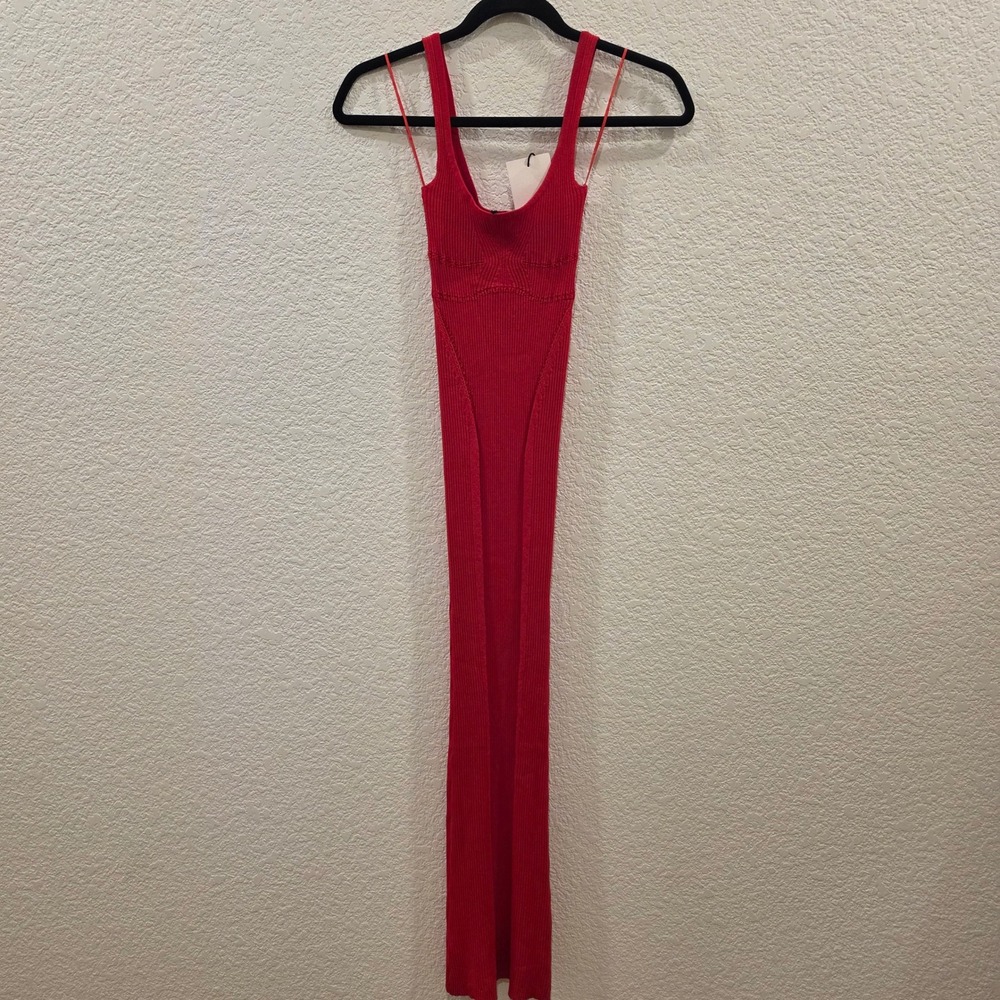 Zara Red Ribbed Knit Maxi Dress Pointelle Detail Sleeveless XS Bodycon NWT